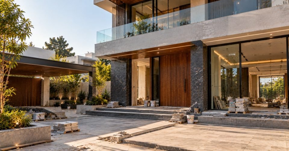 Modern villa entrance with stone and timber cladding during the finishing stage