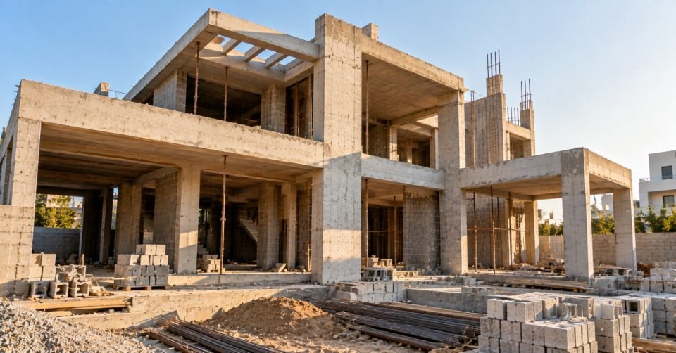 Villa concrete frame with building materials on site