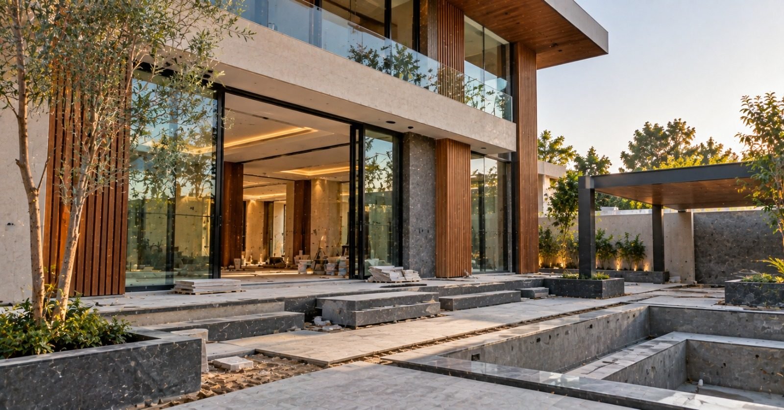 Villa garden elevation with planter beds and paving being completed