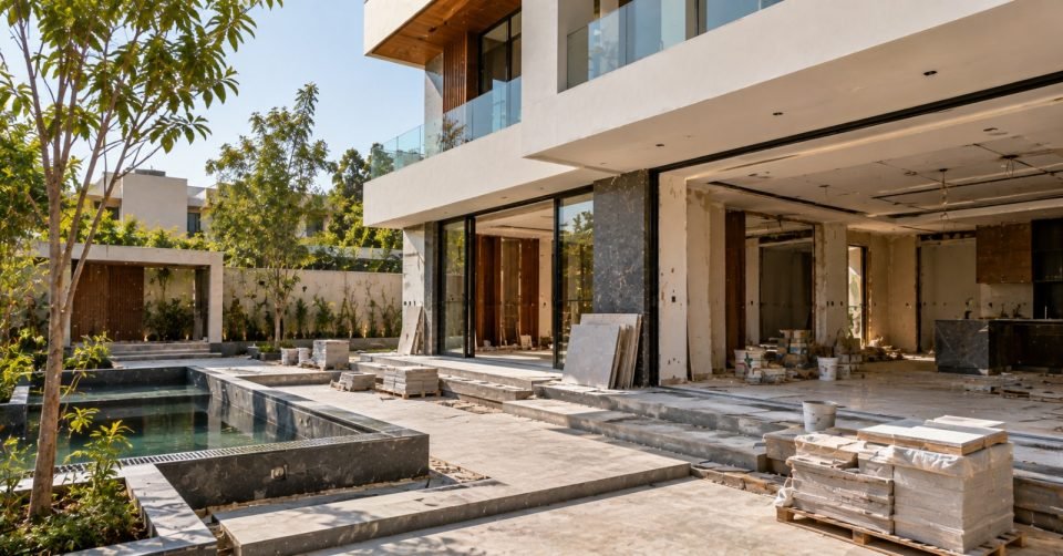 Villa garden side with pool and stone pallets during finishing works