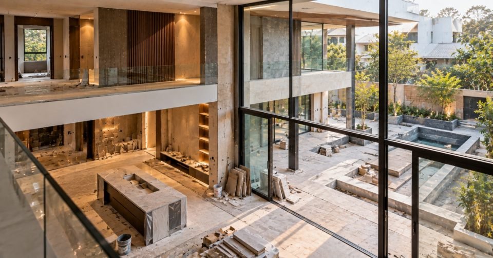 View from an upper balcony into a villa interior during finishing