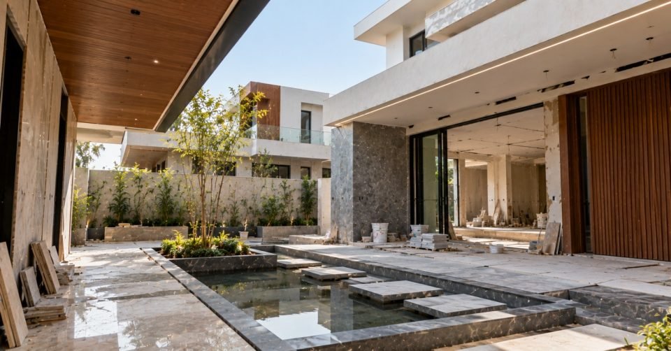 Villa terrace and water feature with stone slabs during finishing