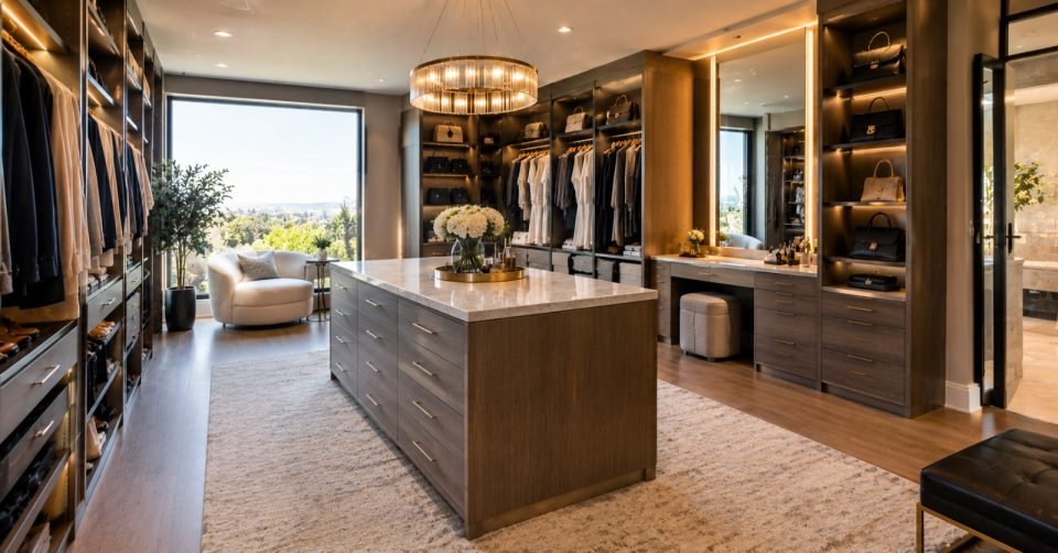 Walk-in closet with island, armchair and window overlooking the garden