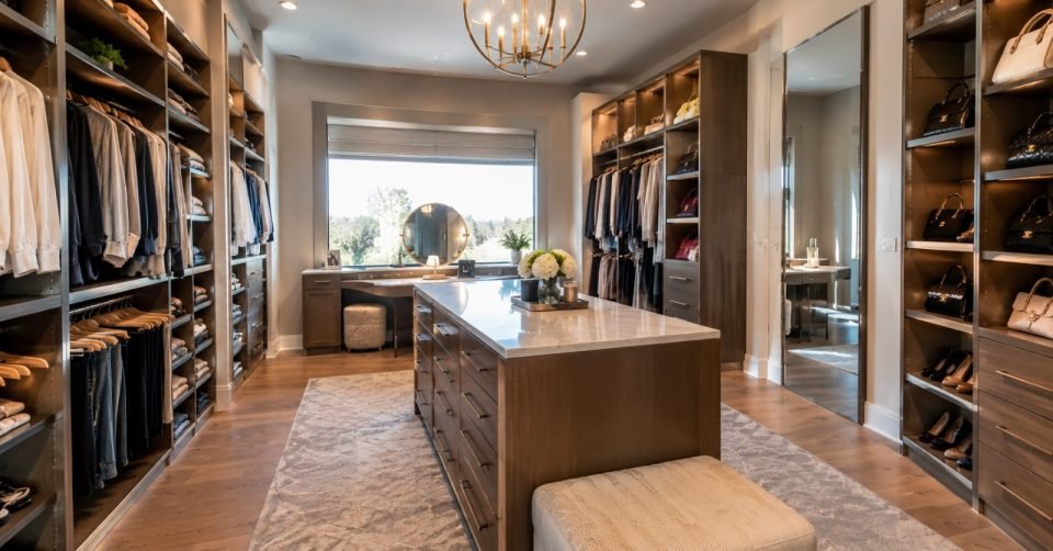 Walk-in closet with oak shelving, a marble-topped island and dressing table