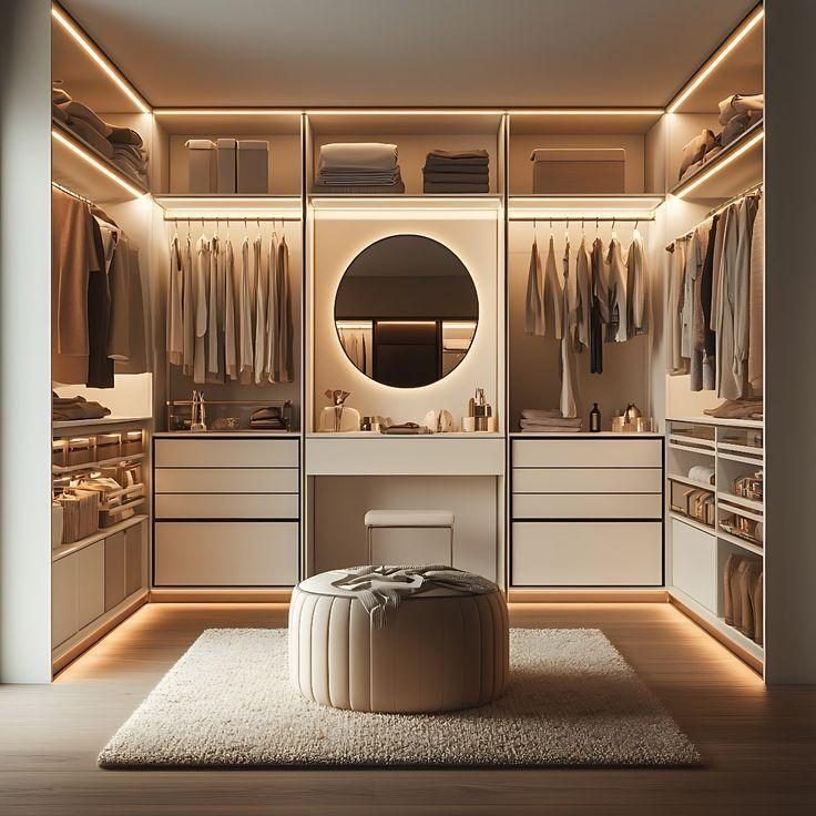 Walk-in closet with lit open wardrobes, a backlit round vanity mirror and an upholstered pouf