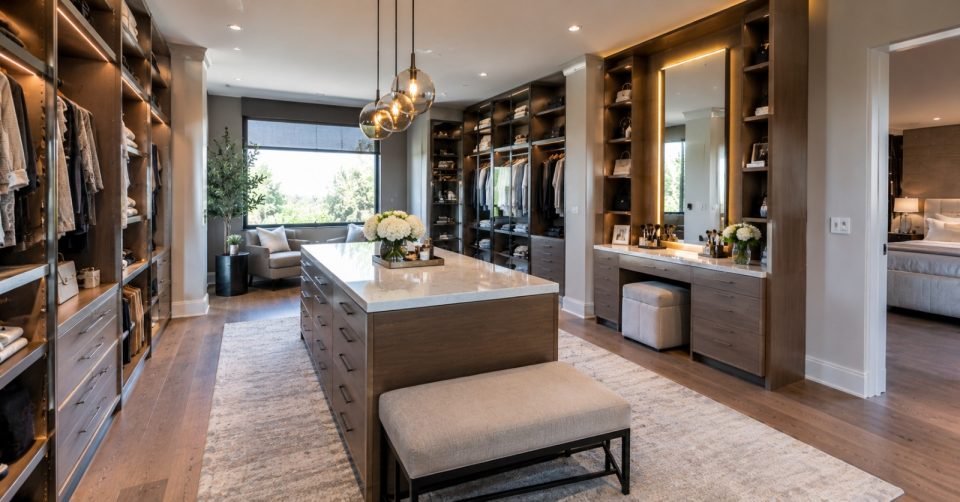 Dressing room with lit wardrobes, island, bench and pendant lights