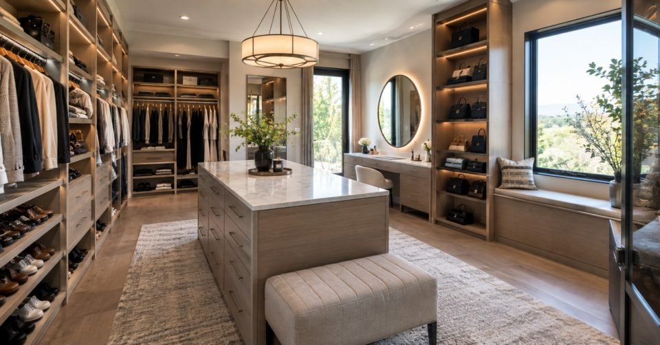 Walk-in wardrobe with a window seat, round mirror and central island