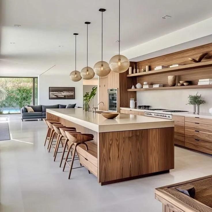 Kitchen with a walnut island, globe pendants, open shelving and stools