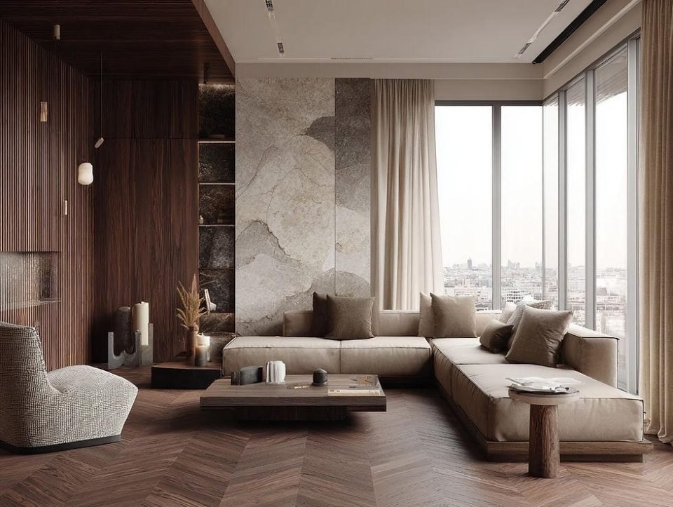 Living room with walnut panelling, a stone accent wall, herringbone floor and a low sectional