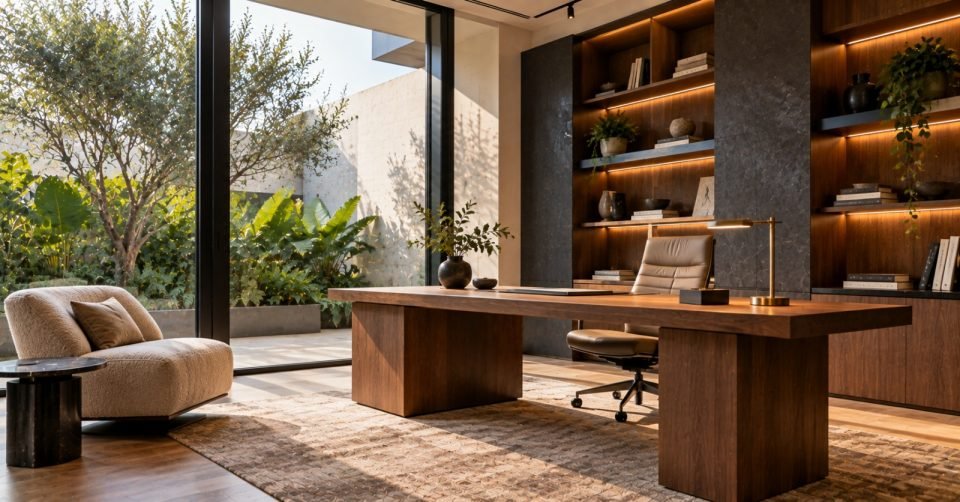 Study with a walnut desk, lit shelving and a glazed wall facing the garden