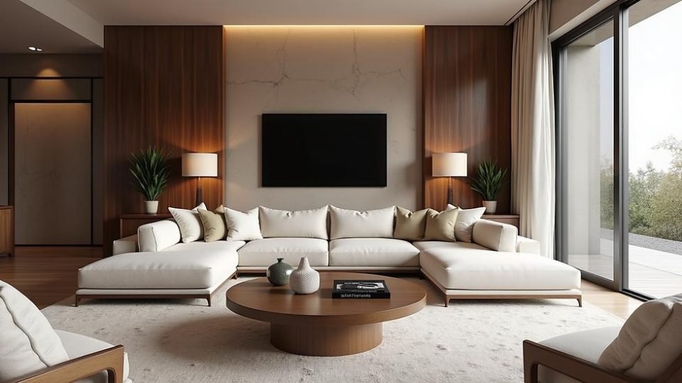 Living room with a walnut and stone media wall, white sectional and round coffee table