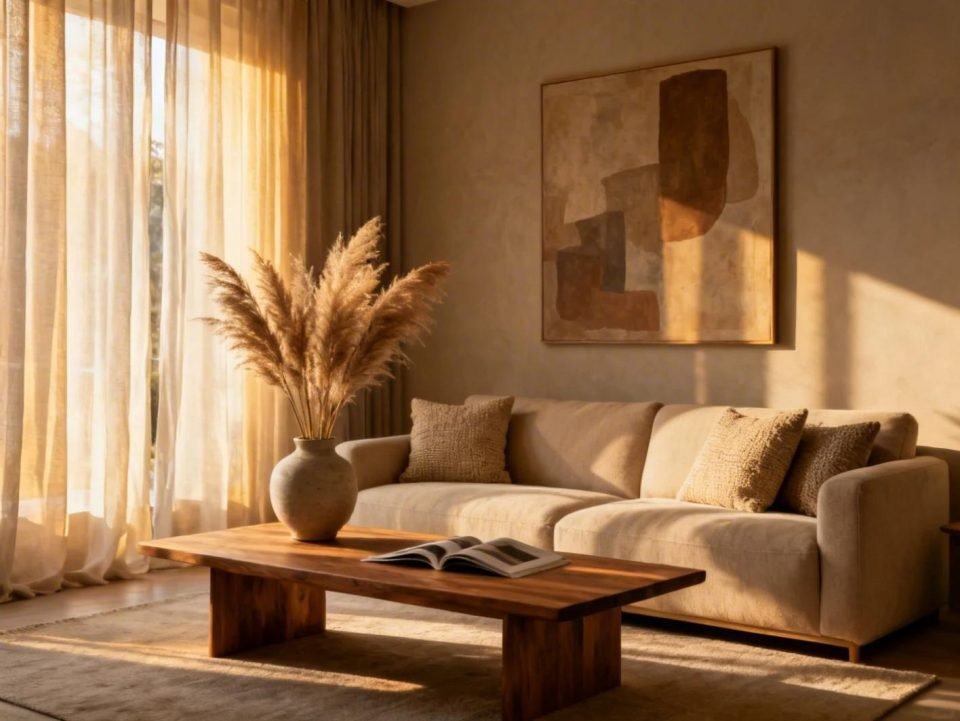 Warm living room styled with pampas grass, abstract artwork and a timber coffee table