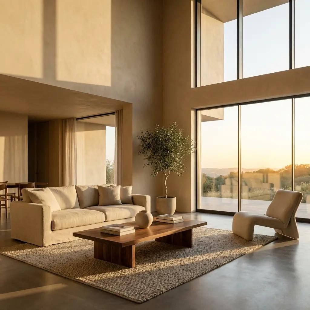 Warm minimalist living room with a cream sofa, walnut coffee table and floor-to-ceiling windows at sunset
