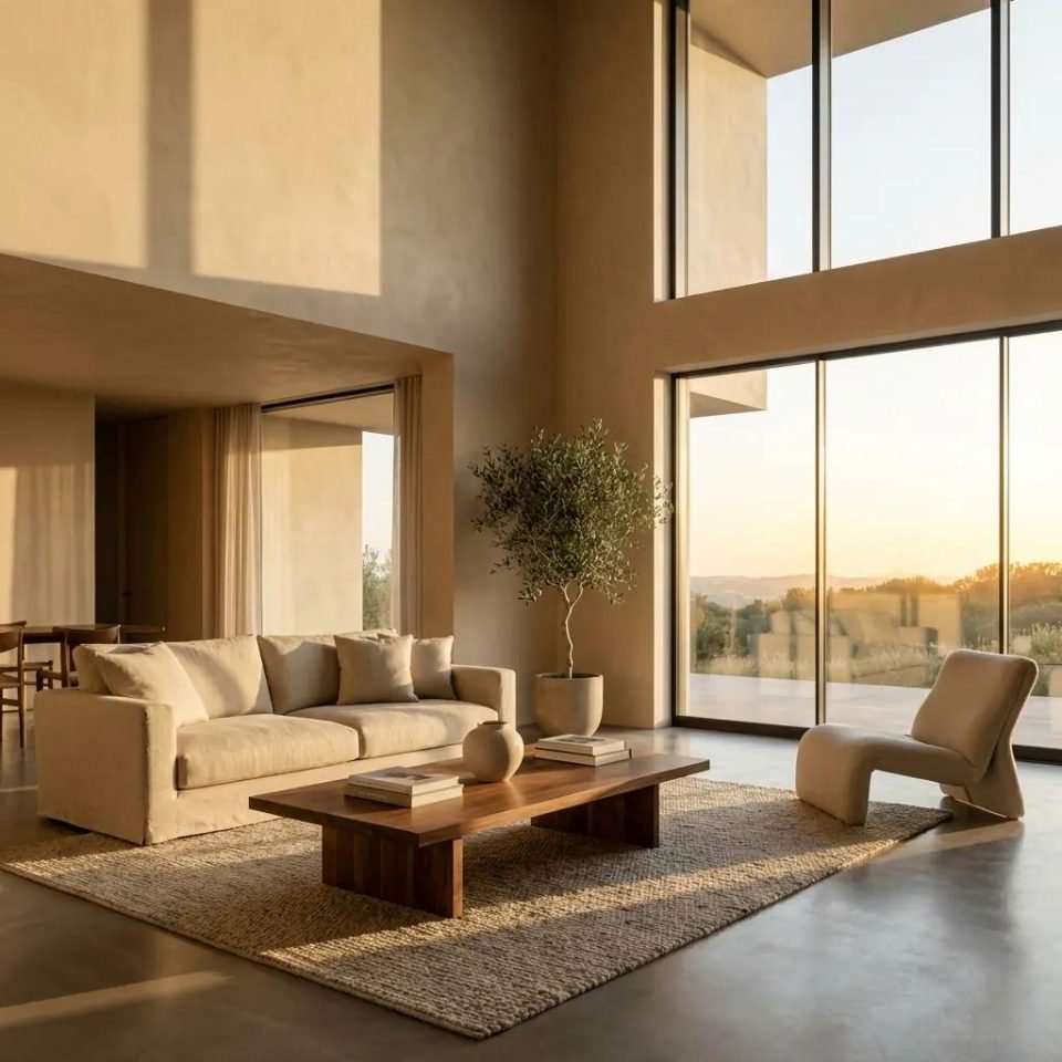 Warm minimalist living room with a cream sofa, walnut coffee table and floor-to-ceiling windows at sunset