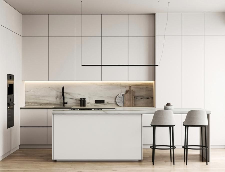 White handleless kitchen with a marble splashback, island and upholstered bar stools