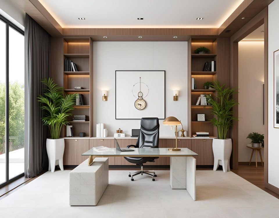 White home office with a marble desk, black chair and lit walnut shelving