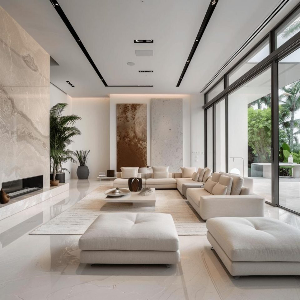Bright white living room with marble walls, a linear fireplace and modular sofas
